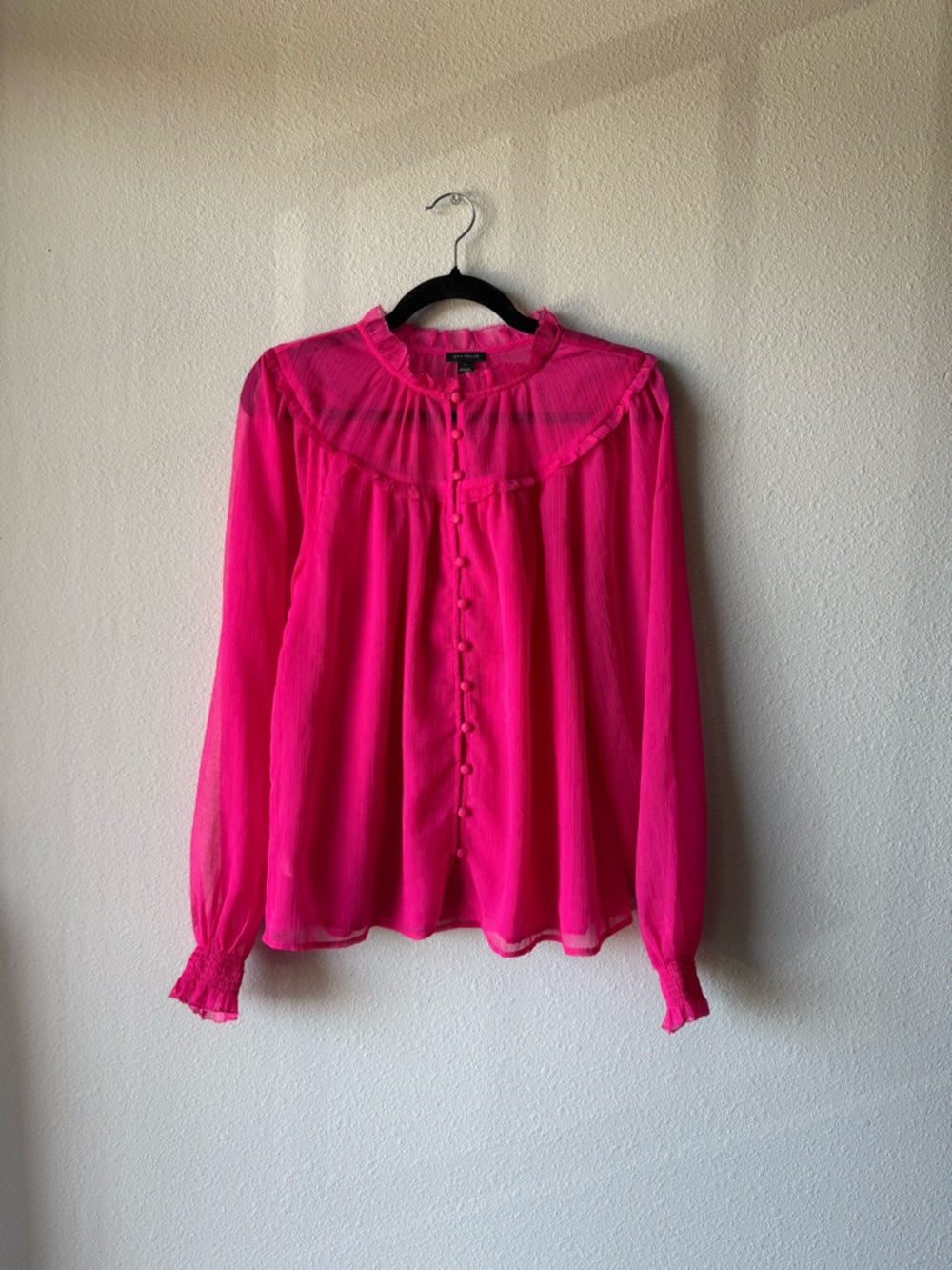 Ann Taylor Bright Pink sheer Long-Sleeve Ruffle Blouse small